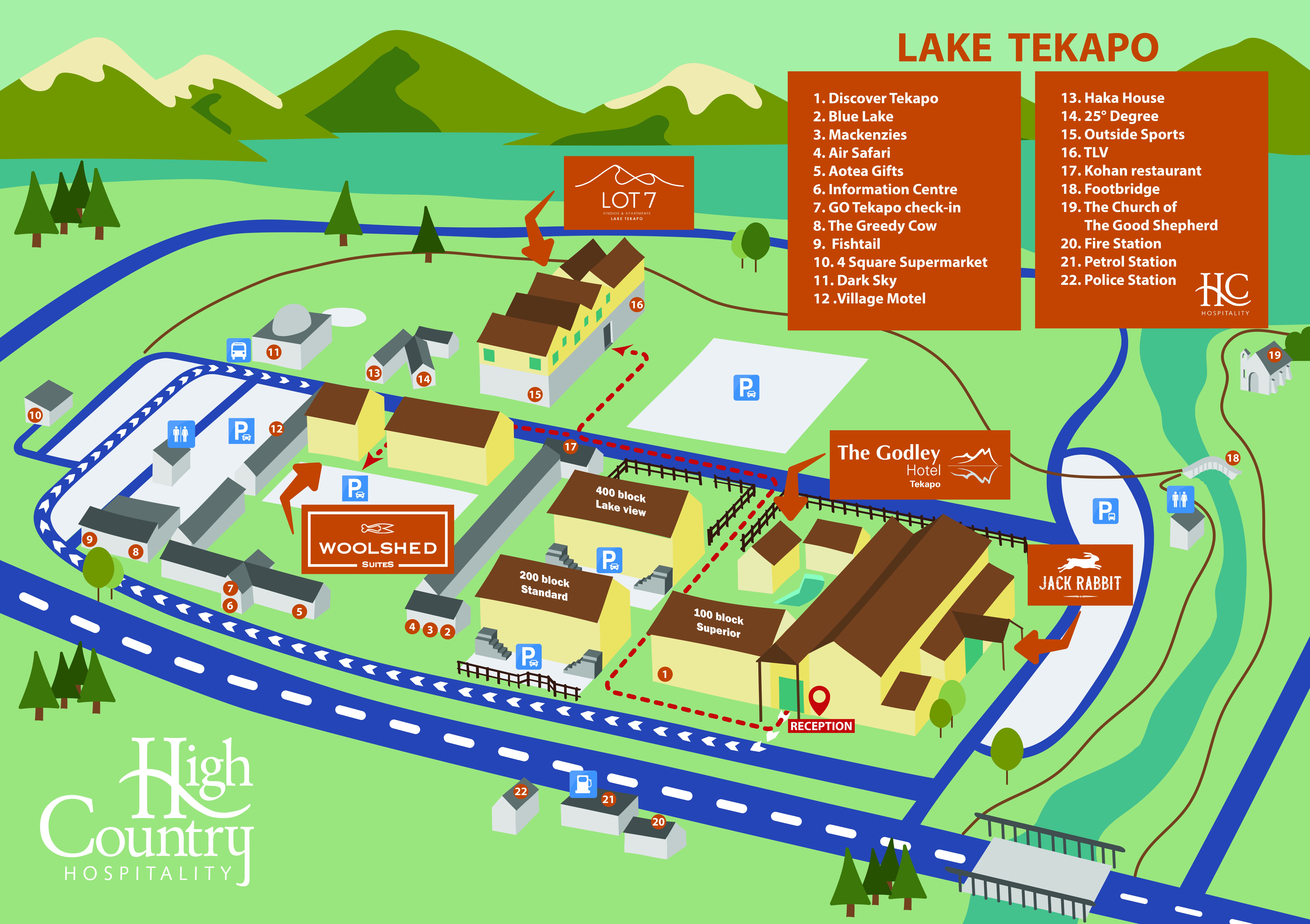 Lake Tekapo map showing Mackenzie Hotels properties